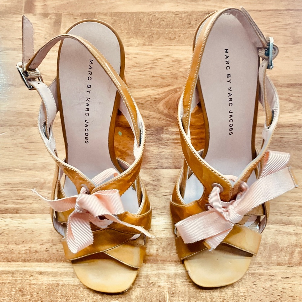 Marc by Marc Jacobs Nude Patent Leather Block Heel with Blush Ribbon Tie,Size 38